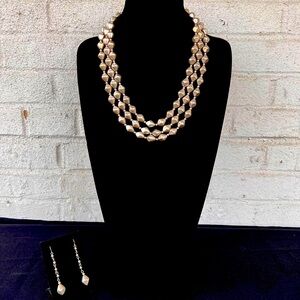 Long Silver Beaded Necklace & Earring Set